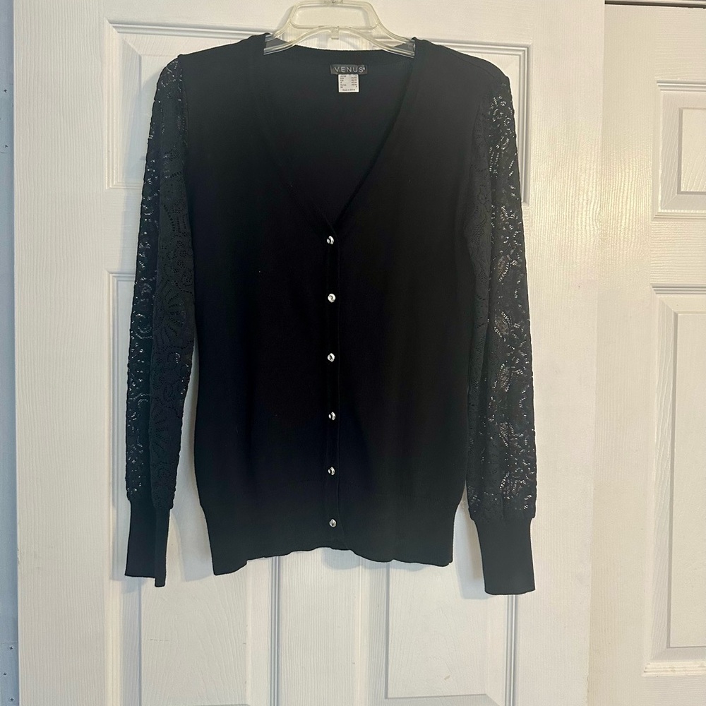 Venus  Black Cardigan with Lace Sleeves